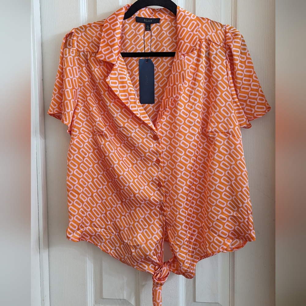 Eclair Abstract Orange Button Down Top NWT